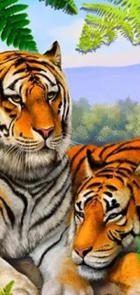 This mobile live wallpaper showcases a vibrant field dotted with majestic tigers in stunning airbrushed art