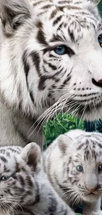 This phone live wallpaper showcases two stunning white tigers standing together, depicted through an expert photorealistic painting