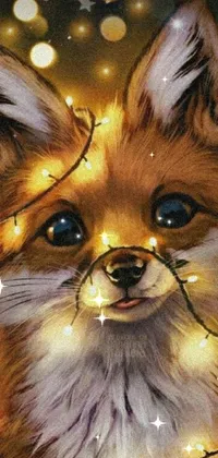 "Fox Christmas Lights Live Wallpaper: a stunning ultra-realistic painting of a furry fox is the centerpiece of this lovely wallpaper featuring cute and vibrant details