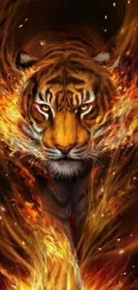 This phone live wallpaper portrays a stunning digitally-created image of a fierce tiger, breathing out flames that surround its body