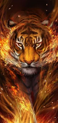 This phone live wallpaper showcases a fierce tiger unleashing flames from its mouth