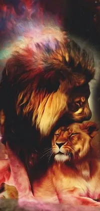 This phone live wallpaper features two lions sitting together in an airbrush painting with Instagram filters