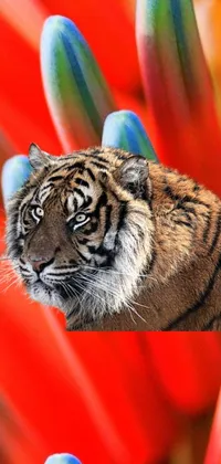 Showcase your love for wildlife and bright hues with this striking phone live wallpaper featuring a tiger and flowers in Sumatraism style