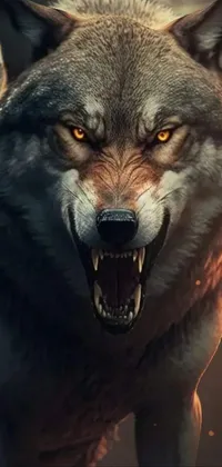 This live wallpaper features a highly detailed, close-up image of an angry wolf in a forest setting