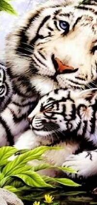Looking for an amazing live wallpaper for your phone? Check out this stunning image of two white tigers, sitting together in a lush jungle environment