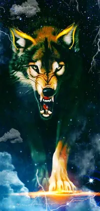 This stunning live wallpaper for your phone features a digital painting of a powerful and majestic wolf with lightning emanating from its mouth