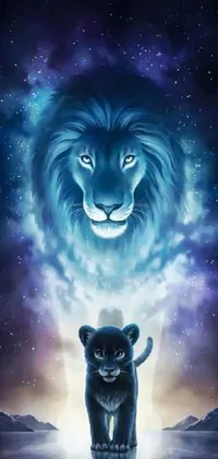 This stunning live wallpaper features an airbrush painting of a lion standing on water with black magic powers and elements of furry art