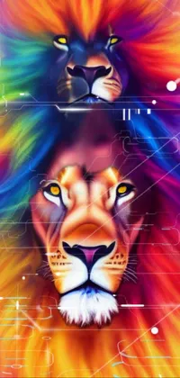 This stunning phone live wallpaper displays a colorful portrait of two lions standing side by side