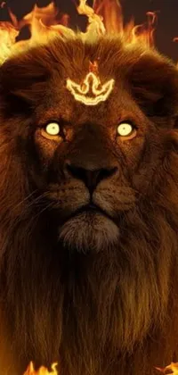 This phone live wallpaper features a Kemetic lion with a crown encircled by flames