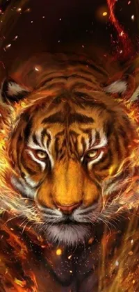 This live wallpaper for your phone features a stunning image of a fierce tiger enveloped in flames against a black background
