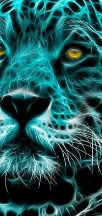 This striking live wallpaper features a digital art of a blue leopard with glowing eyes set against a neon light background