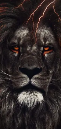 This phone live wallpaper features a captivating close-up of a majestic lion's face, set against a dramatic lightning-filled sky in neo-primitivist style