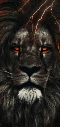 This phone live wallpaper features a stunning digital art design of a close up of a lion's face with glowing orange eyes