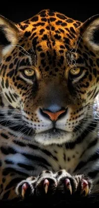 This is a stunning phone wallpaper featuring a realistic portrait of a leopard's face against a black background