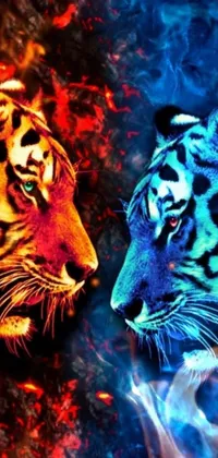 This phone live wallpaper showcases a pair of tigers in a psychedelic art background