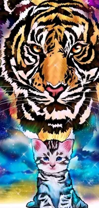 This phone live wallpaper showcases a detailed digital drawing depicting a playful kitten and a fierce tiger from the waist up