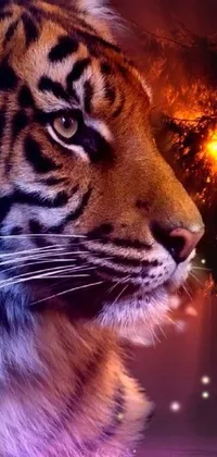 This phone live wallpaper features a stunning close-up of a majestic tiger standing near a tree