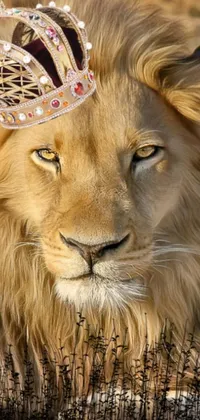 This <a href="/">phone wallpaper</a> depicts a lion wearing a crown with Kemetic art style