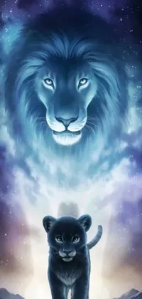 Enhance your phone's home screen with an awe-inspiring live wallpaper depicting a lion and a cat standing together under the starry sky