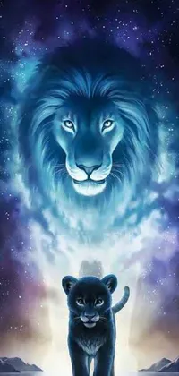 This live phone wallpaper features a lion and cat in a beautifully airbrushed painting with a mystical and magical feel