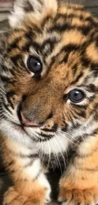 This phone live wallpaper features a stunning close-up of a tiger cub sitting on a wooden floor