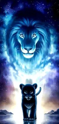 This live wallpaper features a stunning airbrush painting of a majestic lion standing on top of a tranquil body of water set against a galaxy-looking background