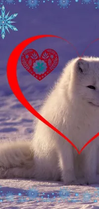 This stunning phone wallpaper features an intricate image of a white furry dog sitting on a snow-covered ground, accompanied by a fantasy fox and a heart design