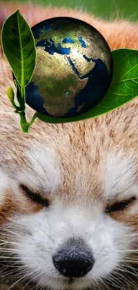 This phone live wallpaper features stunning digital renditions of a red panda with a leaf on its head, a caracal resting on a tree branch, a sleeping dog, a miniature earth, and a flock of birds flying across a vivid sunset sky