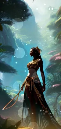 This phone live wallpaper features a majestic African princess standing amidst a vibrant forest landscape