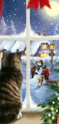 This live phone wallpaper features a cozy scene of a Christmas tree and a curious cat staring out the window