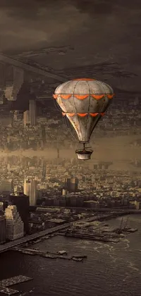 A mesmerizing phone wallpaper depicting a hot air balloon flying over a vibrant city