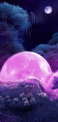 This phone live wallpaper showcases a stunning image of a vibrant pink ball atop a lush green field against a moonlit forest backdrop