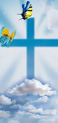 This live wallpaper showcases a blue and yellow butterfly perched on top of a cross against a sunny sky backdrop