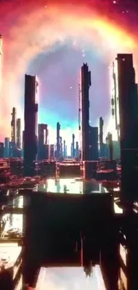 This live wallpaper features a futuristic city with a rainbow in the sky, set against a neonpunk backdrop