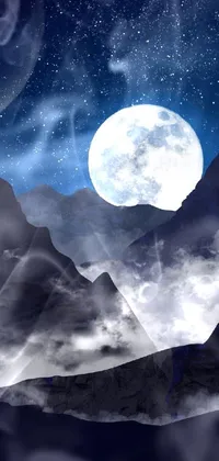 This <a href="/">phone live wallpaper</a> features a stunning mountain scene at night with a big full moon on the right