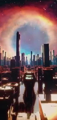 Experience the futuristic cityscape and vibrant colors of this stunning live wallpaper