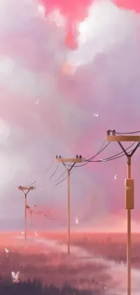 Enjoy a stunning and serene live wallpaper on your phone with colorful birds perched on power lines against a blue and fluffy cloud-filled sky