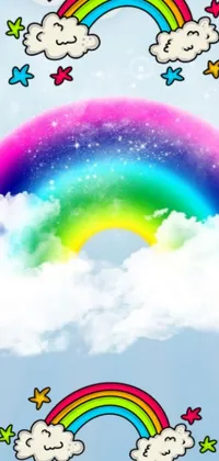 This colorful phone live wallpaper showcases a beautiful rainbow in the sky complemented by a blend of stars and clouds