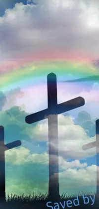 This live wallpaper features a vibrant image of three crosses set against a rainbow background, designed to inspire feelings of hope and spiritual renewal