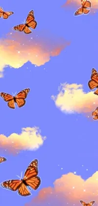 This phone live wallpaper features a breathtaking digital art of a group of butterflies moving gracefully through a tranquil blue sky