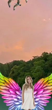 This stunning live phone wallpaper features a woman holding a colorful kite in a green meadow, surrounded by a breathtakingly beautiful sunset