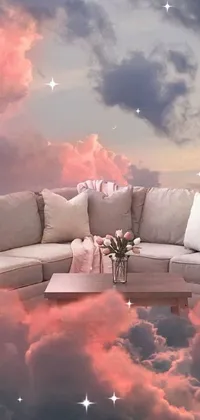 Introducing a surrealistic live phone wallpaper featuring a couch resting on a table beneath a dreamy cloudy sky