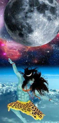 This live phone wallpaper features a surrealistic artwork of a woman in motion against a full moon backdrop