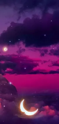 This stunning phone live wallpaper features a dreamy digital art of a pair of crescent moons in the purple-hued, panoramic views of the night sky