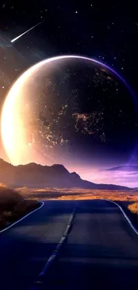 This phone live wallpaper showcases a stunning space scene, featuring a long desert road with a distant planet in the background, surrounded by twinkling stars