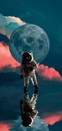 This phone live wallpaper showcases a mesmerizing digital art of an astronaut floating in the water with a full moon in the background