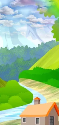 This live wallpaper for your phone features an adorable vector art house set against a rainbow background, nestled among mountains, river, and trees