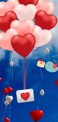 This lively phone live wallpaper features a fun-filled scene of red and white balloons floating in the air alongside a cheery bird