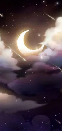 This phone live wallpaper features a stunning night sky filled with a crescent moon and glittering stars