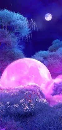This pink ball phone live wallpaper features a vibrant digital art design situated in a lush green field